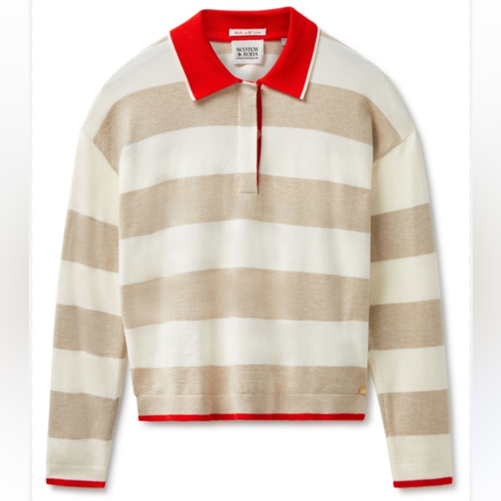 Scotch & Soda Cream and Beige Striped Polo Sweater with Red Collar